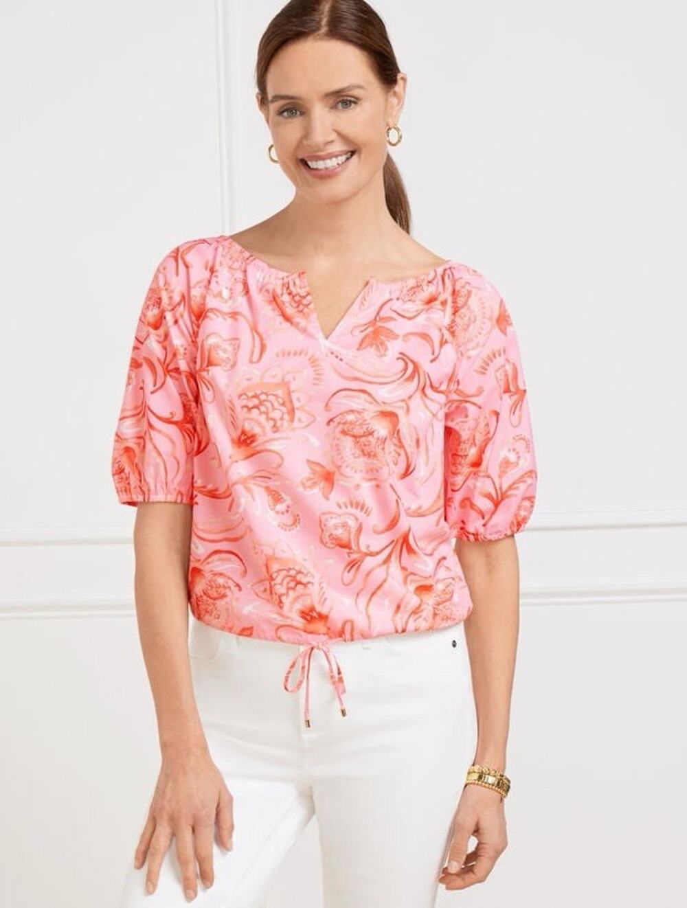 NWT TALBOTS FRESH POPLIN DRAWCORD HEM TOP - JACOBEAN FANTASIA Blouse Top XL New